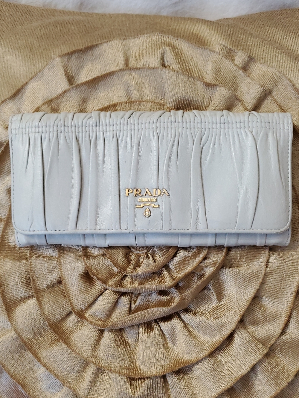 Authentic Prada White Gathered Leather Continental Wallet with Gold Logo